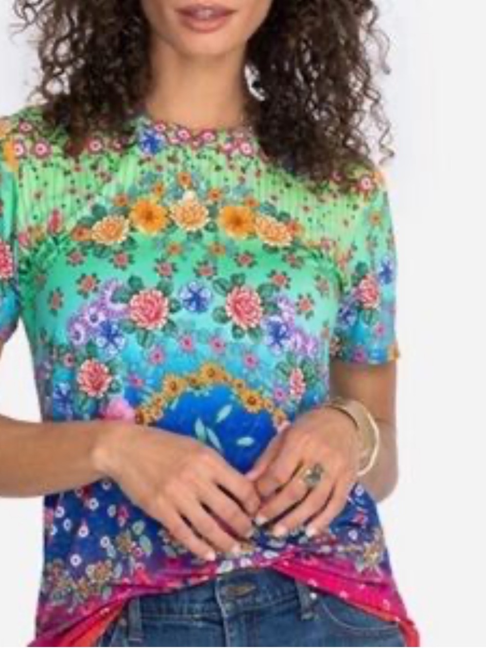 Johnny Was bamboo Floral Crew Neck Short Sleeve Shirt Multicolor size large